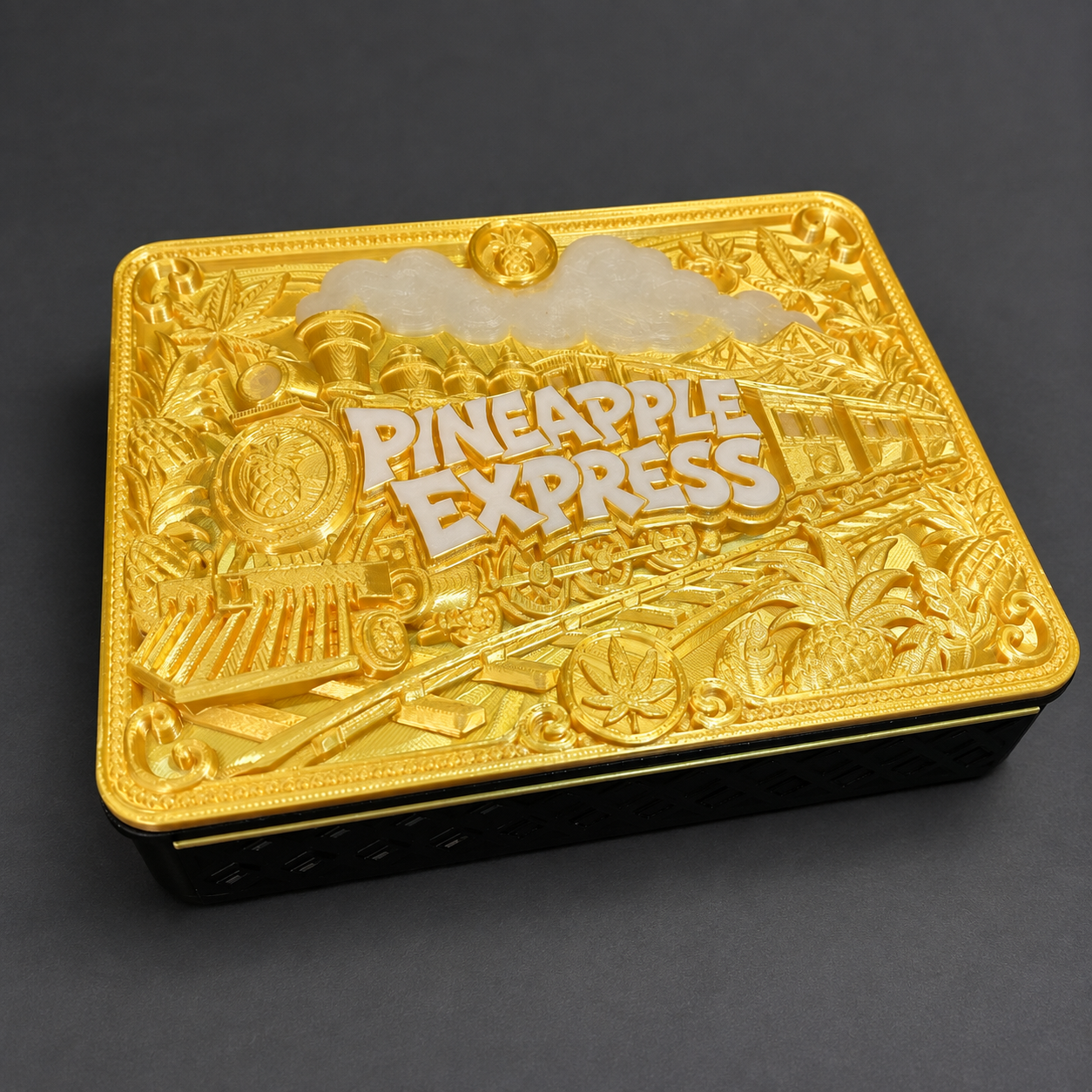 Pineapple Express tray with a gold train, pineapples and sculpted smoke