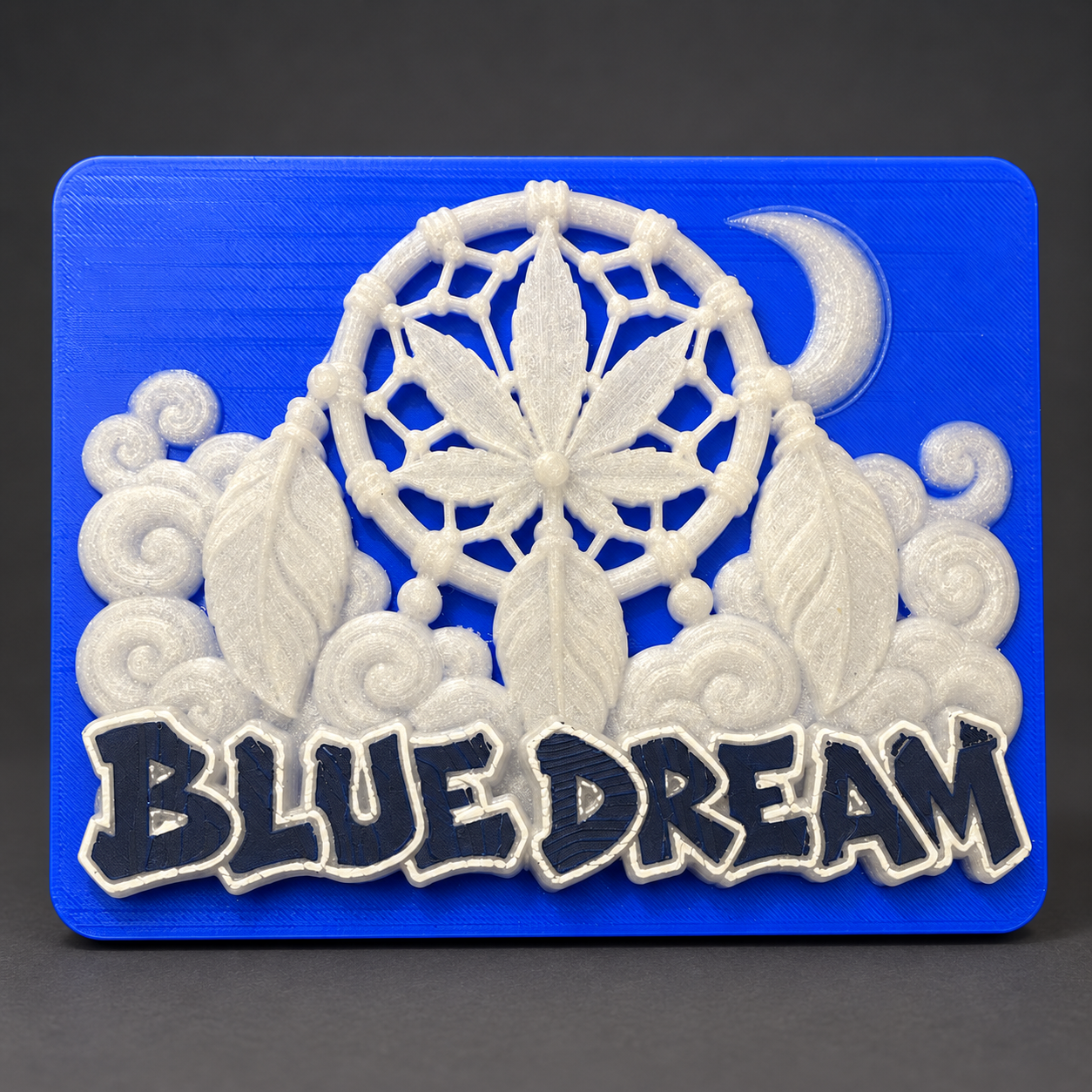 Blue Dream tray — Dreamcatcher detail with a blue and white finish.