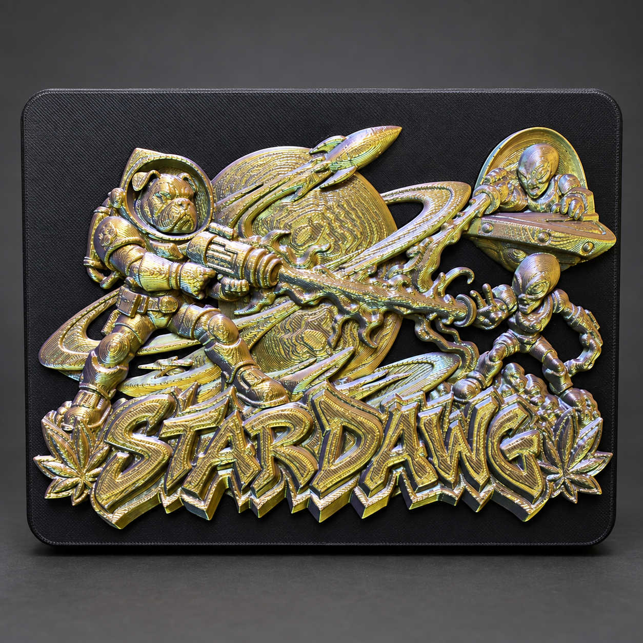 Stardawg tray — Space-inspired relief with astronauts and planets.