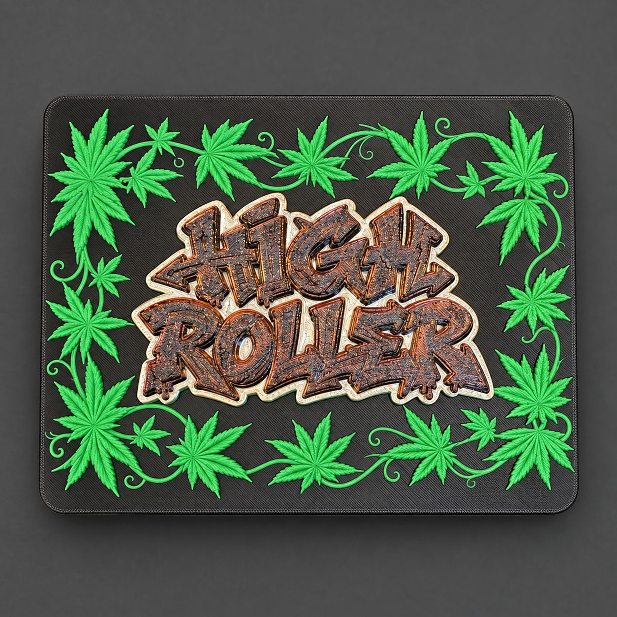 High Roller tray — Bold lettering framed by bright green leaves.