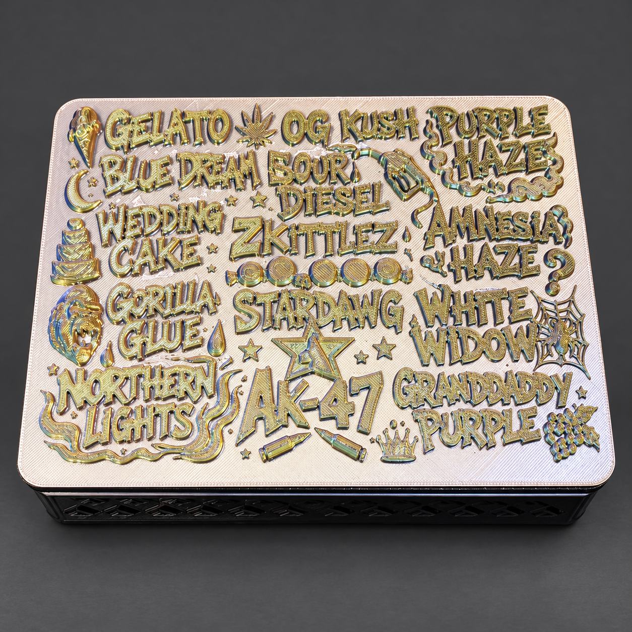Strain Name Mix #2 tray — Colour-shifting lettering with a contrasting light lid.
